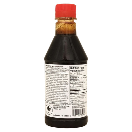 Compliments Beef Bouillon Concentrate 250 ml back label — preparation instructions, nutrition facts, ingredients, prepared for Sobeys Mississauga ON