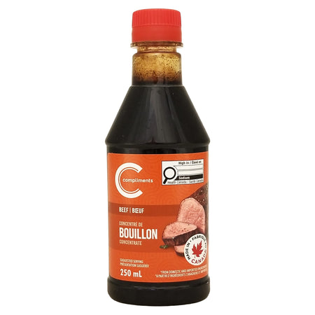 Compliments Beef Bouillon Concentrate 250 ml front — red cap bottle with beef image, Made in Canada seal, bilingual label