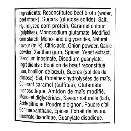 Compliments Beef Bouillon Concentrate ingredients label — reconstituted beef broth, salt, caramel color, sulphites, bilingual English French