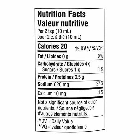 Compliments Beef Bouillon Concentrate nutrition facts — 20 calories per 2 tsp, 620 mg sodium, 4 g carbohydrates, bilingual label