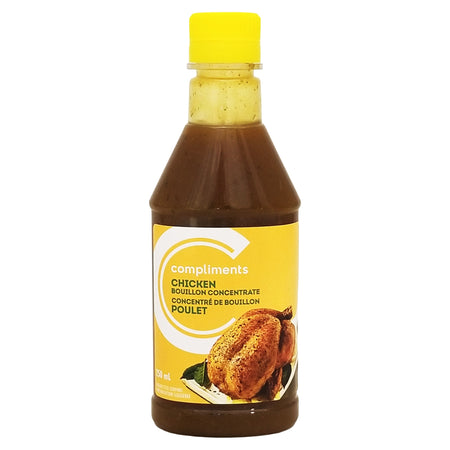 Compliments Chicken Bouillon Concentrate 250 ml front — yellow cap squeeze bottle with chicken image, bilingual label