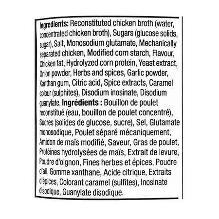 Compliments Chicken Bouillon Concentrate ingredients label — reconstituted chicken broth, salt, MSG, garlic powder, bilingual English French