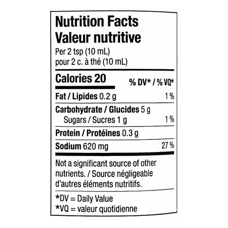 Compliments Chicken Bouillon Concentrate nutrition facts — 20 calories per 2 tsp, 620 mg sodium, bilingual label