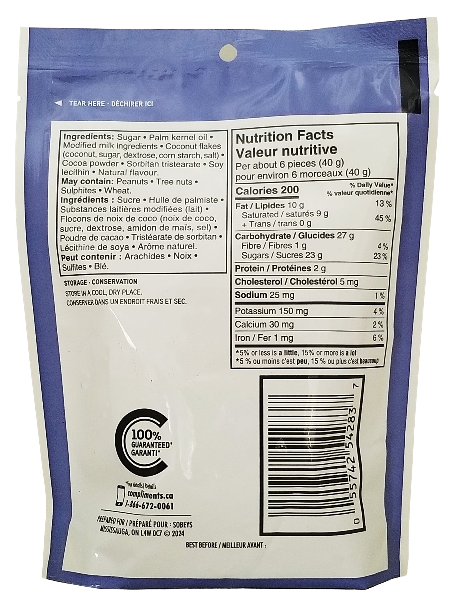 Back view of a Compliments Chocolatey Macaroons Candy 110g package  with nutrition label on a with blue and white design