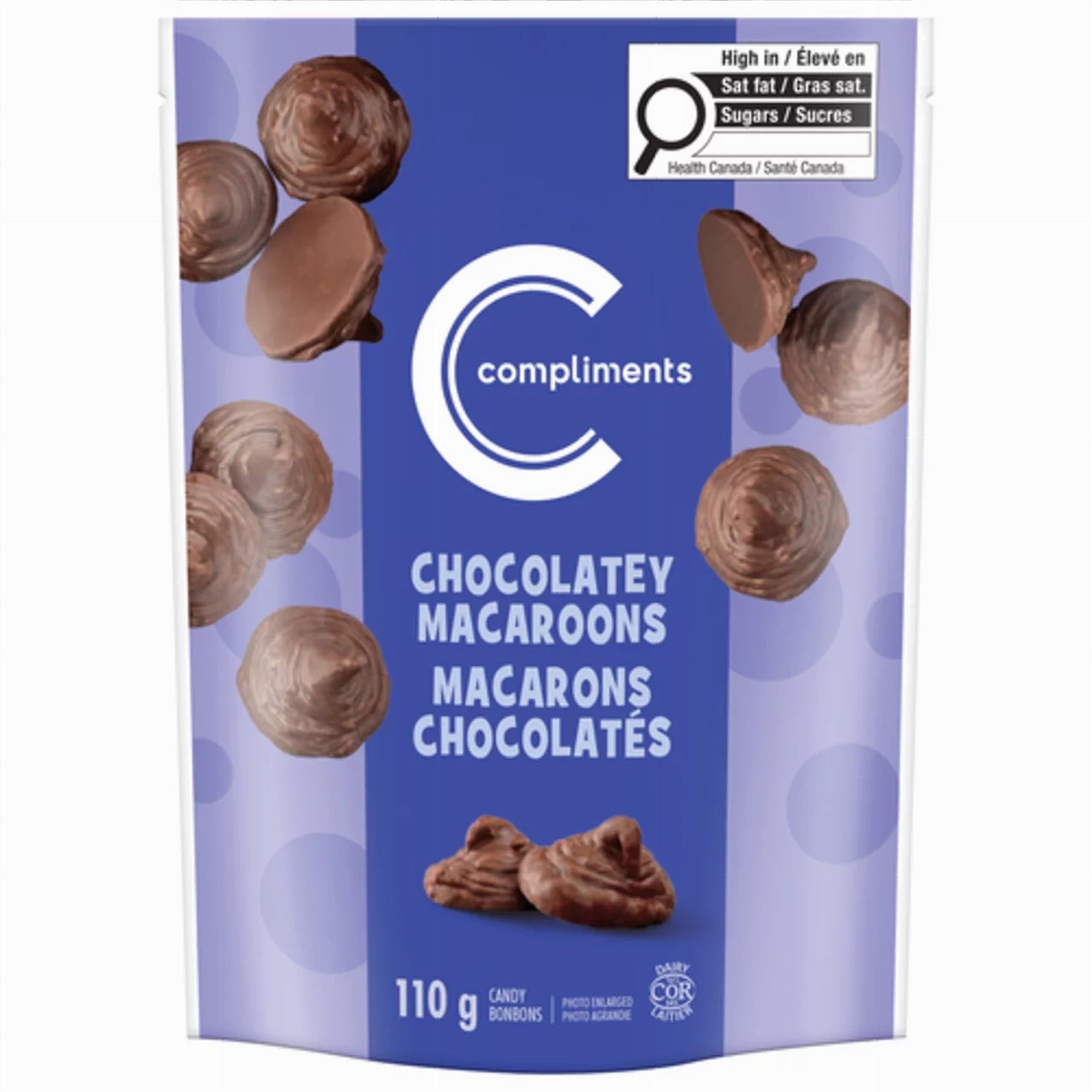 Packaging of Compliments Chocolatey Macaroons 110g on a white background