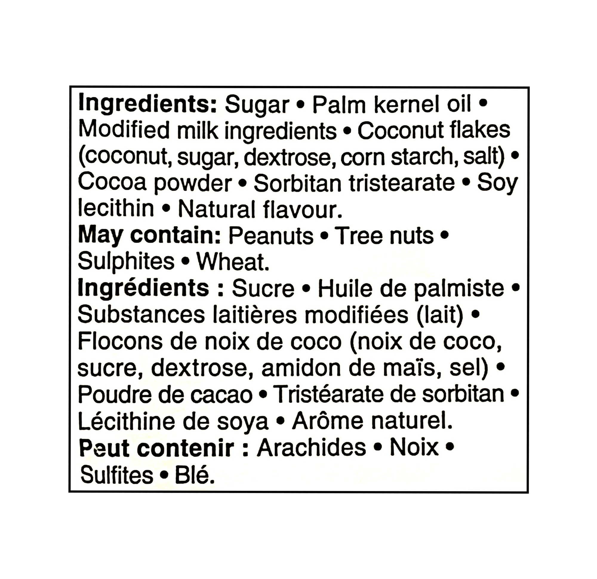 Ingredients list for Compliments Chocolatey Macaroons Candy 110g on a white background