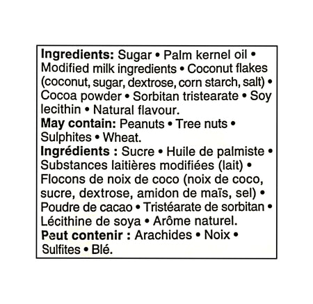 Ingredients list for Compliments Chocolatey Macaroons Candy 110g on a white background