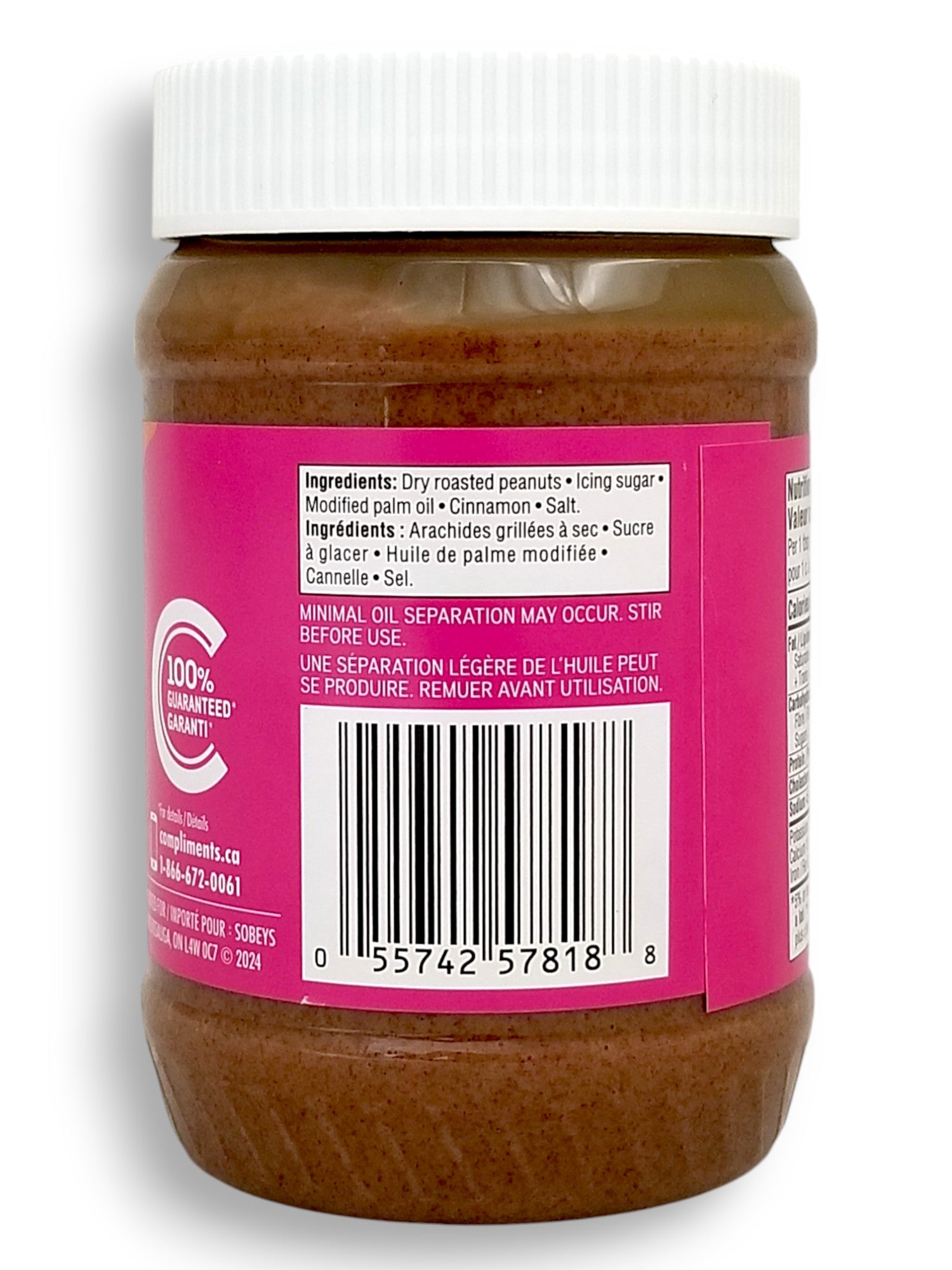 Compliments Cinnamon Sugar Peanut Butter Spread, 500g/17.6 oz - Back Of Jar