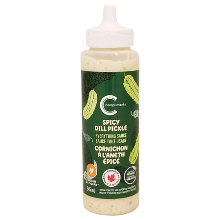 Compliments Everything Sauce Spicy Dill Pickle 245 ml squeeze bottle front view, green label, Made in Canada