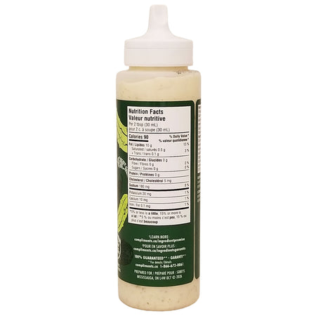 Compliments Everything Sauce Spicy Dill Pickle 245 ml squeeze bottle side view showing nutrition facts panel