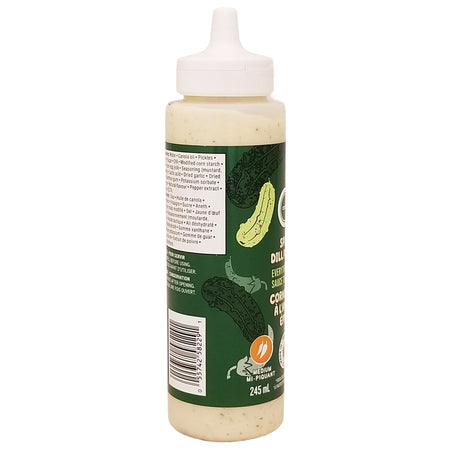 Compliments Everything Sauce Spicy Dill Pickle 245 ml squeeze bottle back view showing barcode UPC 055742582291