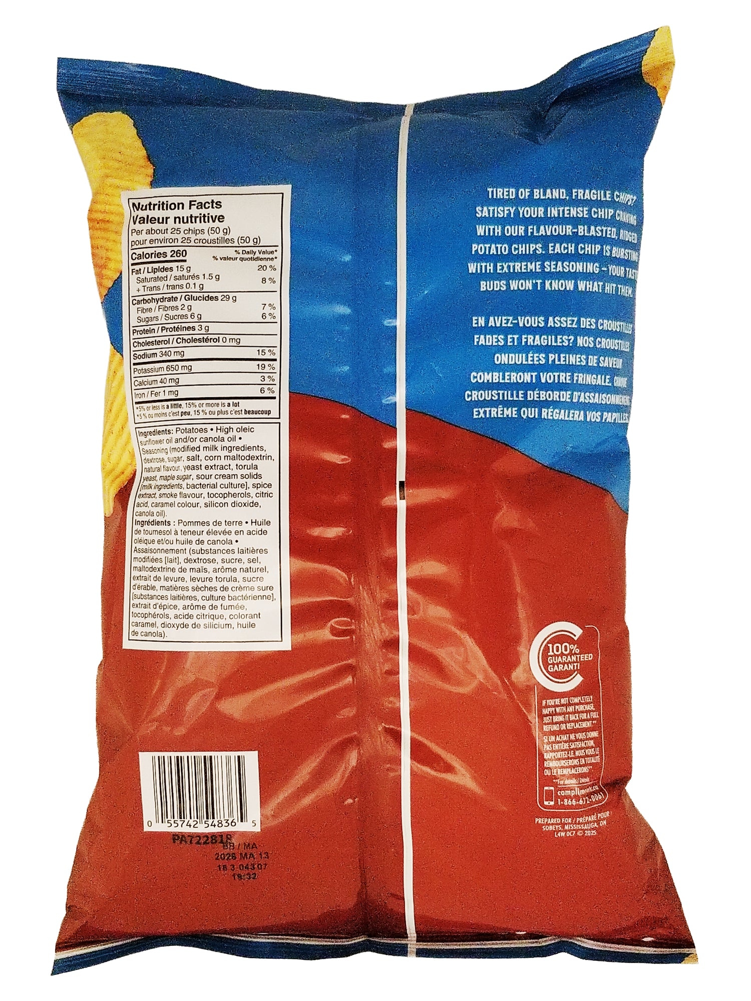 Compliments Extraaa Sour Cream & Bacon Ridged Potato Chips 200g back of bag
