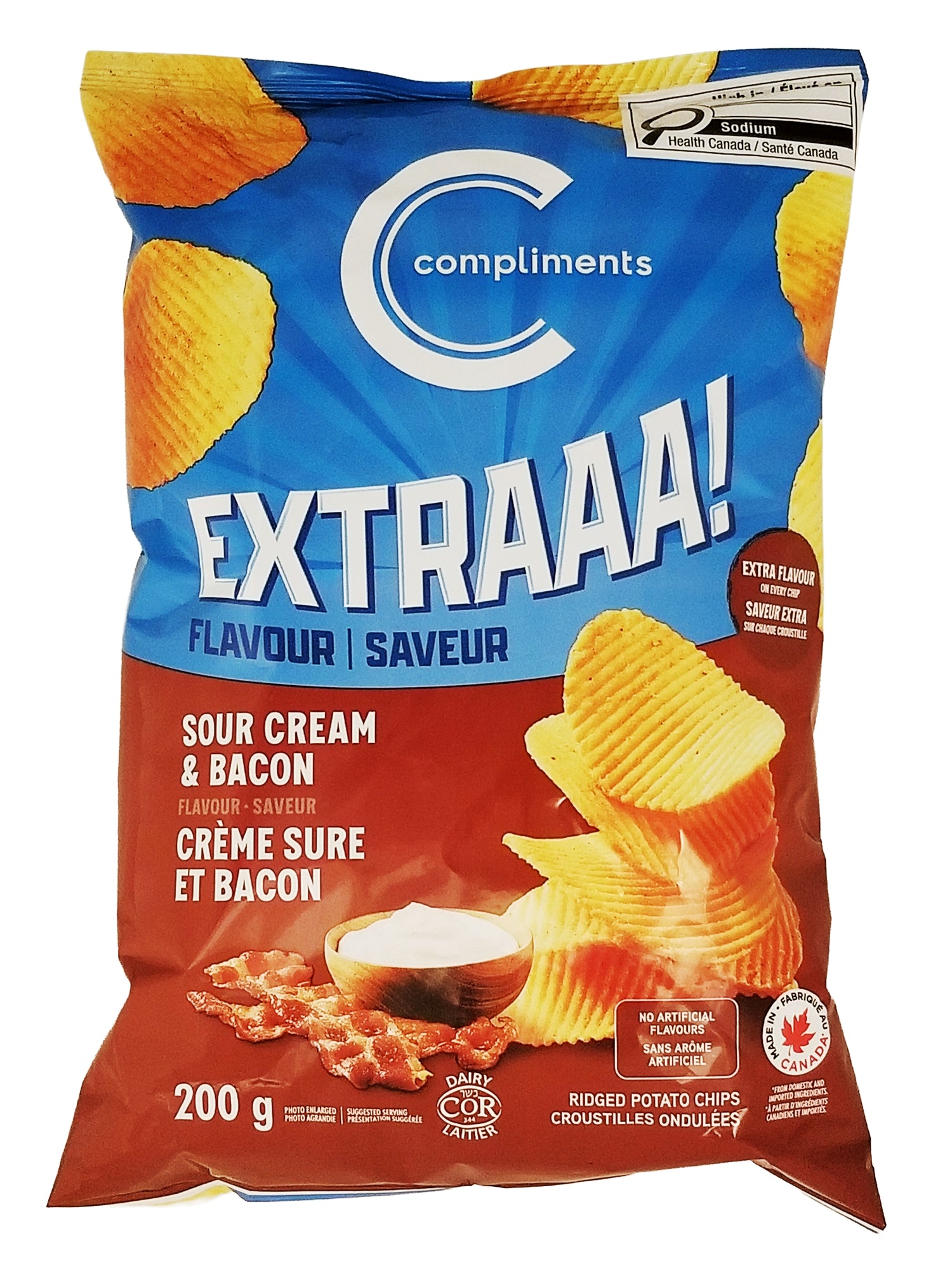 Compliments Extraaa Sour Cream & Bacon Ridged Potato Chips 200g front of bag