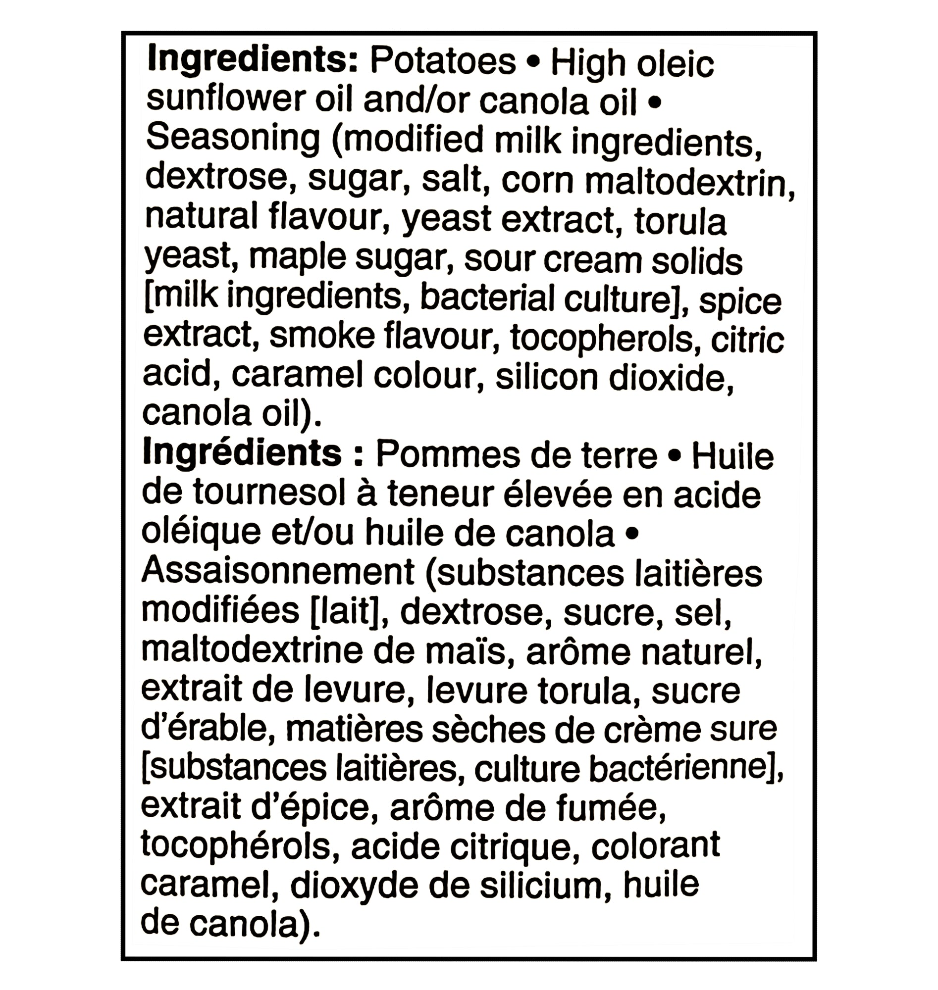 Compliments Extraaa Sour Cream & Bacon Ridged Potato Chips 200g ingredients label
