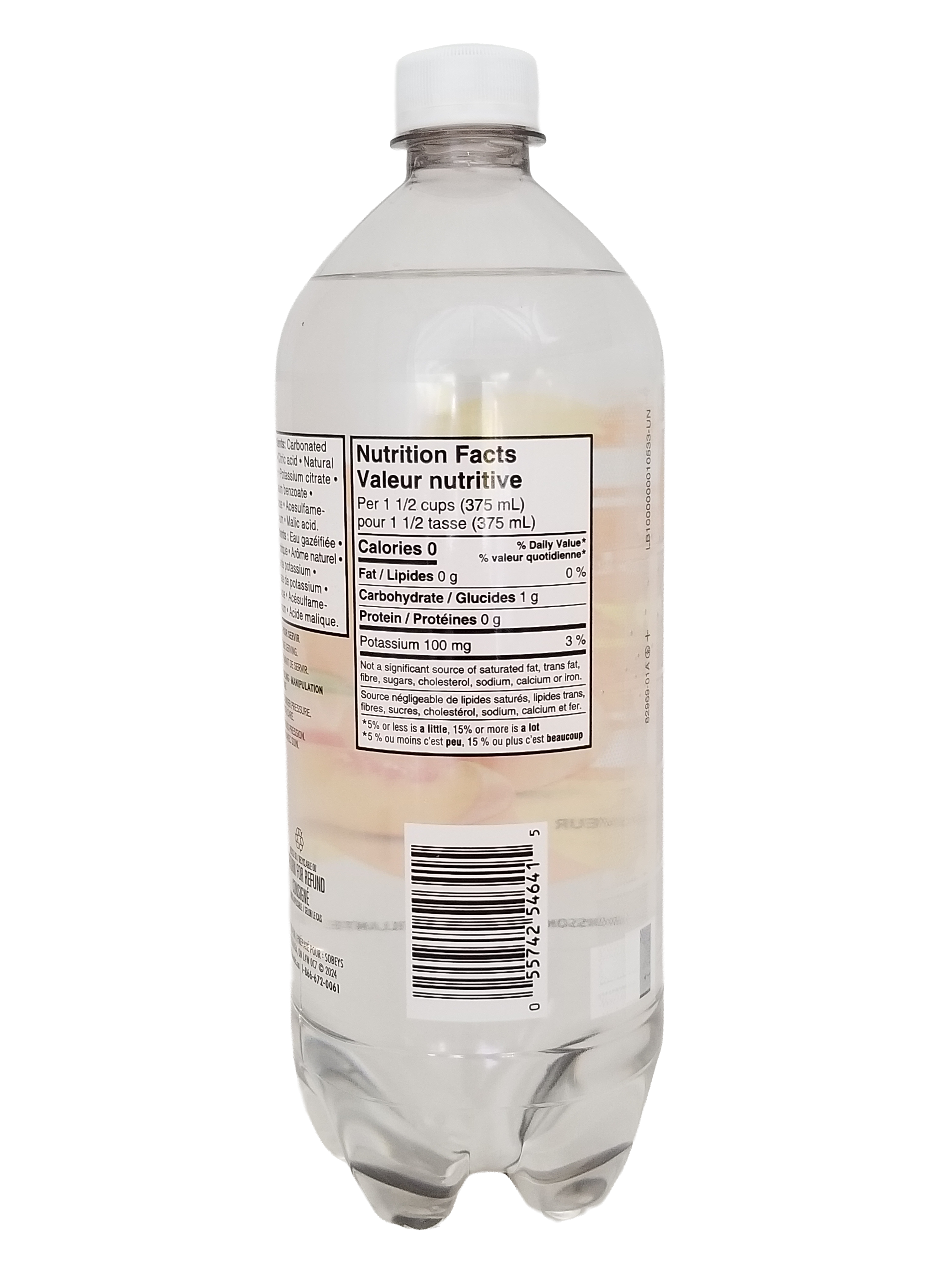 Compliments FIZZY Peach Flavored Sparkling Water, 1L/35.2 fl oz with a nutrition facts label on a white background