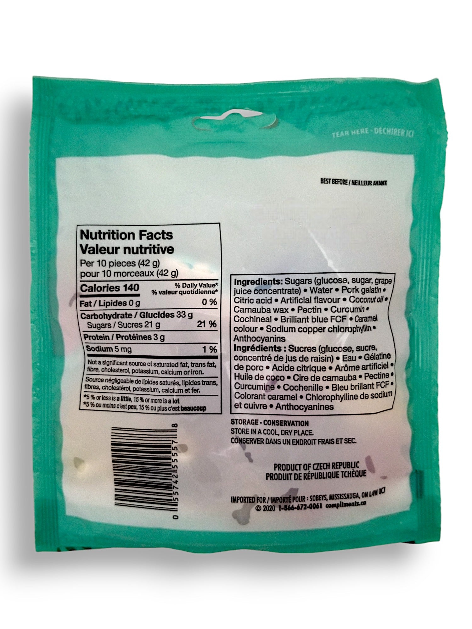 Compliments Gummy Treats Candy, 125g/4.4 oz. Bag, back of bag.