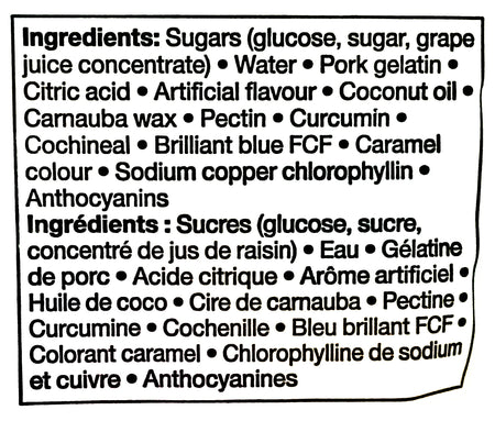 Compliments Gummy Treats Candy, 125g/4.4 oz. Bag, ingredients label.
