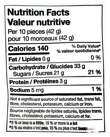 Compliments Gummy Treats Candy, 125g/4.4 oz. Bag, nutrition facts label.