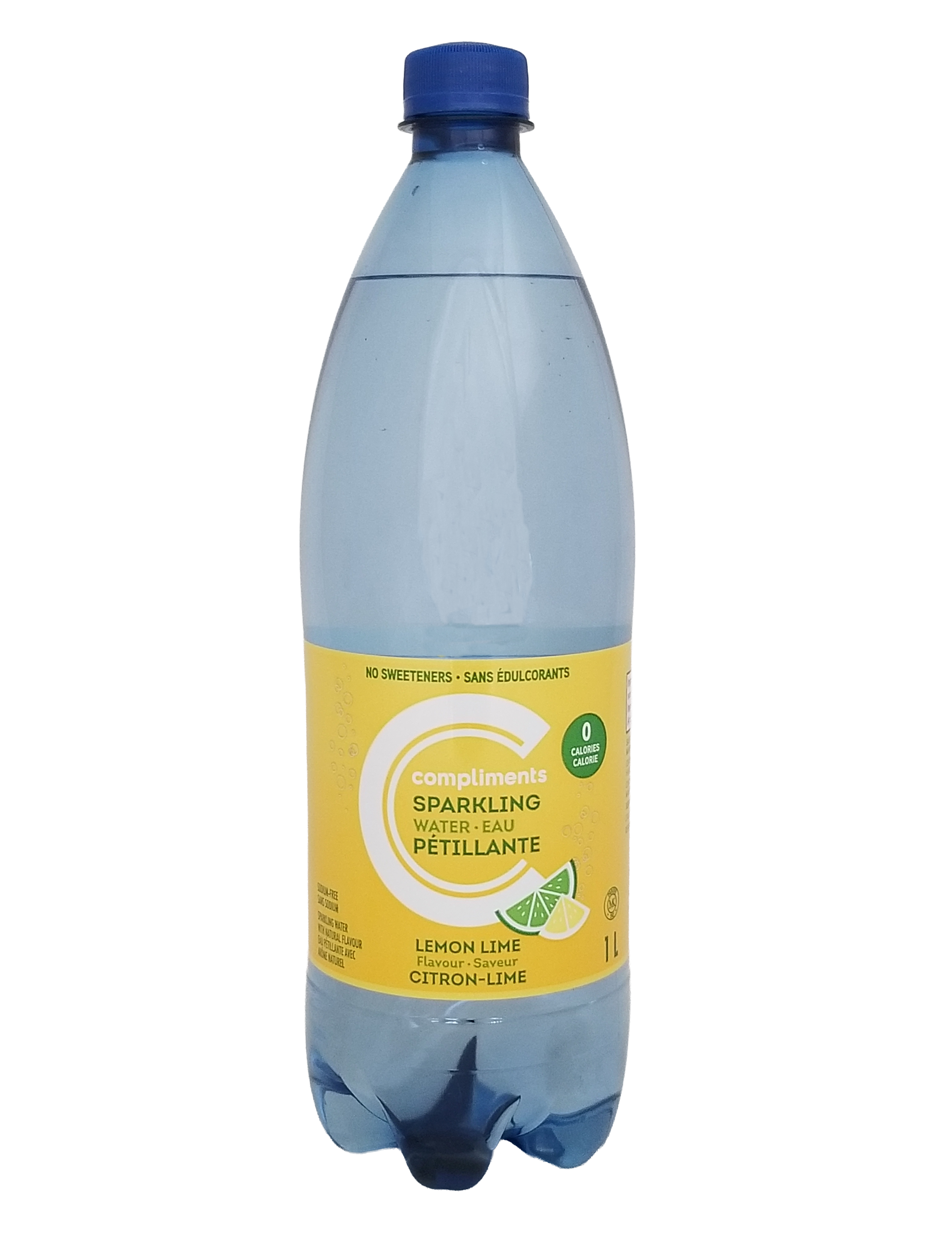 Bottle of Compliments Lemon Lime Flavored Sparkling Water, 1L/35.2 fl oz with a blue cap on a white background