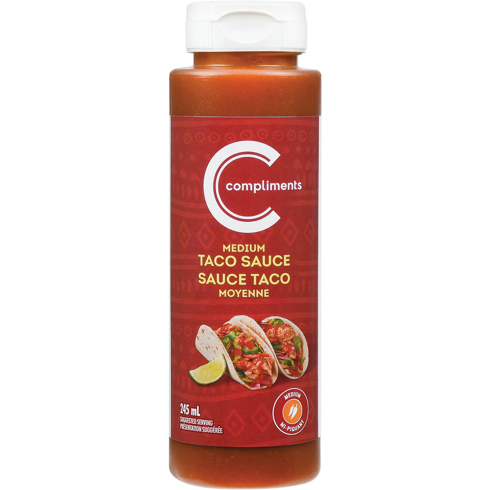 Compliments Medium Taco Sauce, 245ml/8.6 fl. oz. Bottle Caffeine Cams