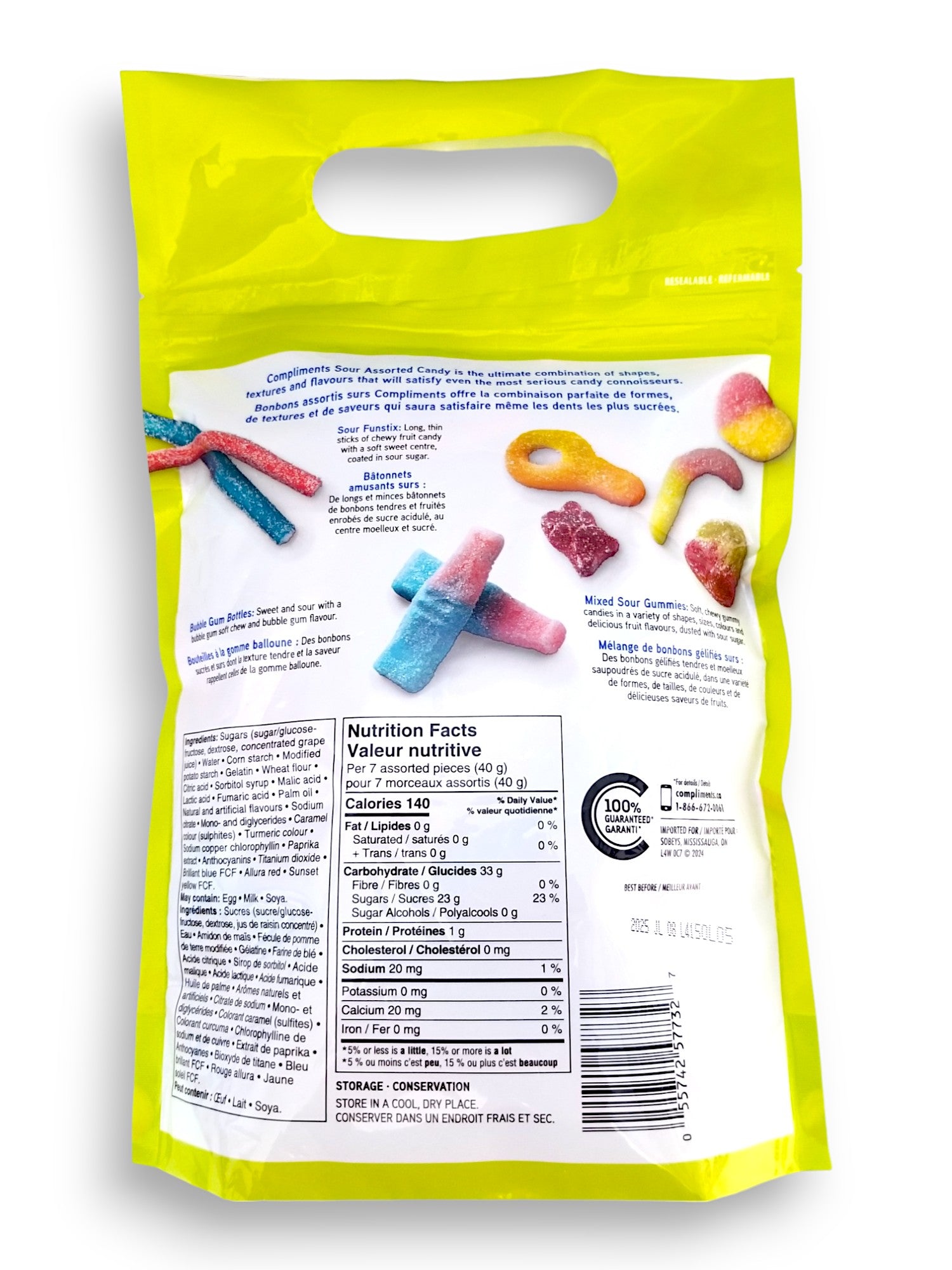 Compliments Mega Mix Sour Assorted Candy, 800g, back of bag.