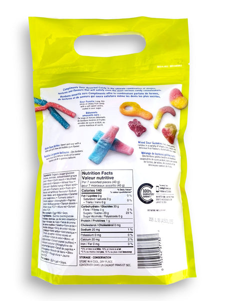 Compliments Mega Mix Sour Assorted Candy, 800g, back of bag.