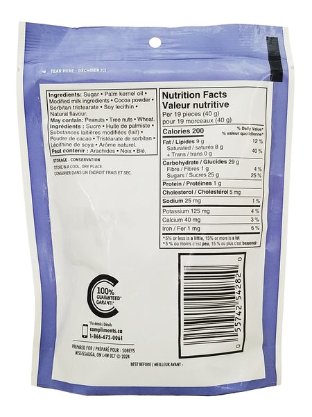 back view of a Compliments Choco Drops Candy 110g package with nutrition facts label and a blue border.