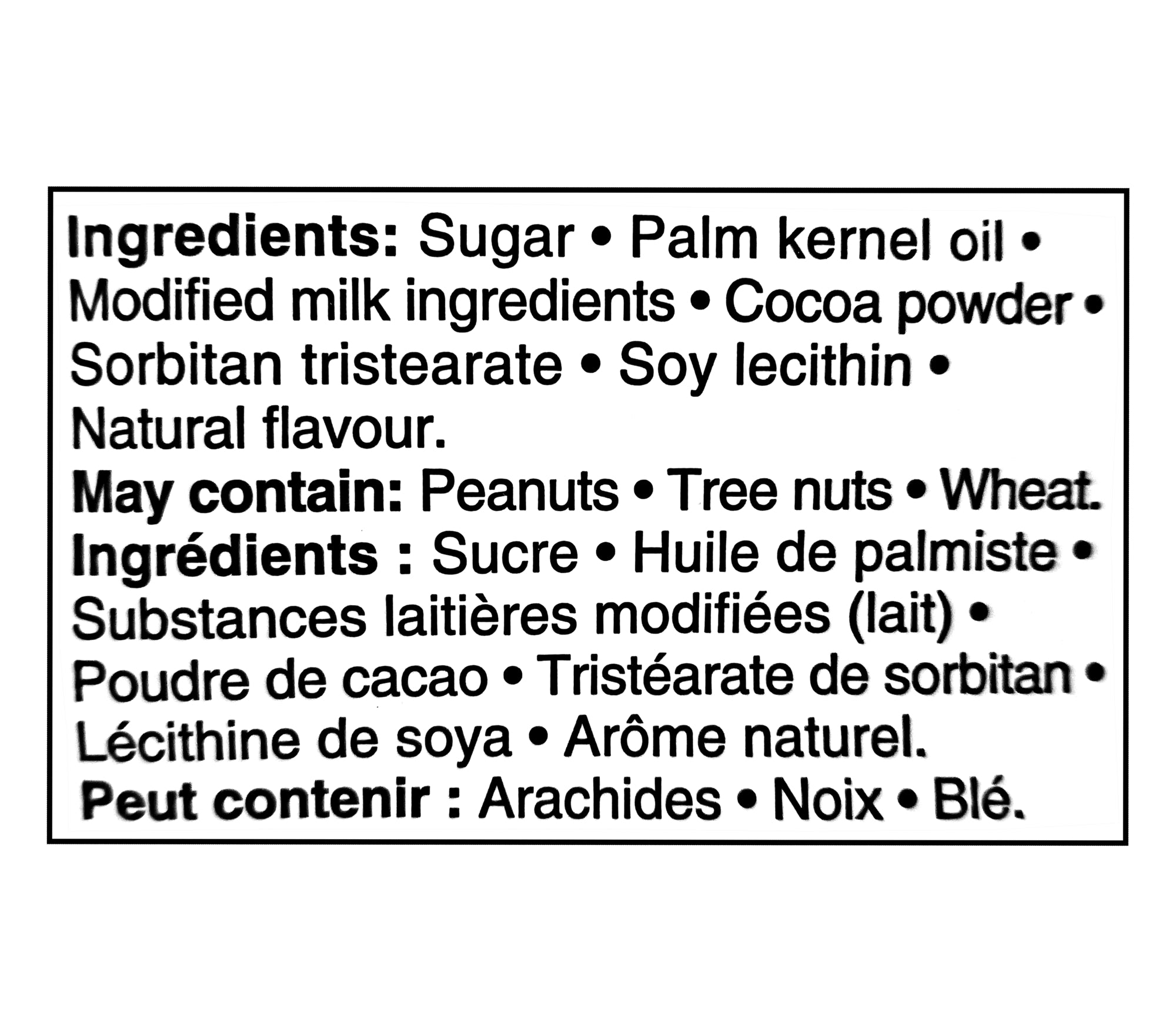 Ingredients list for Compliments Choco Drops Candy 110g with allergen warning on a white background