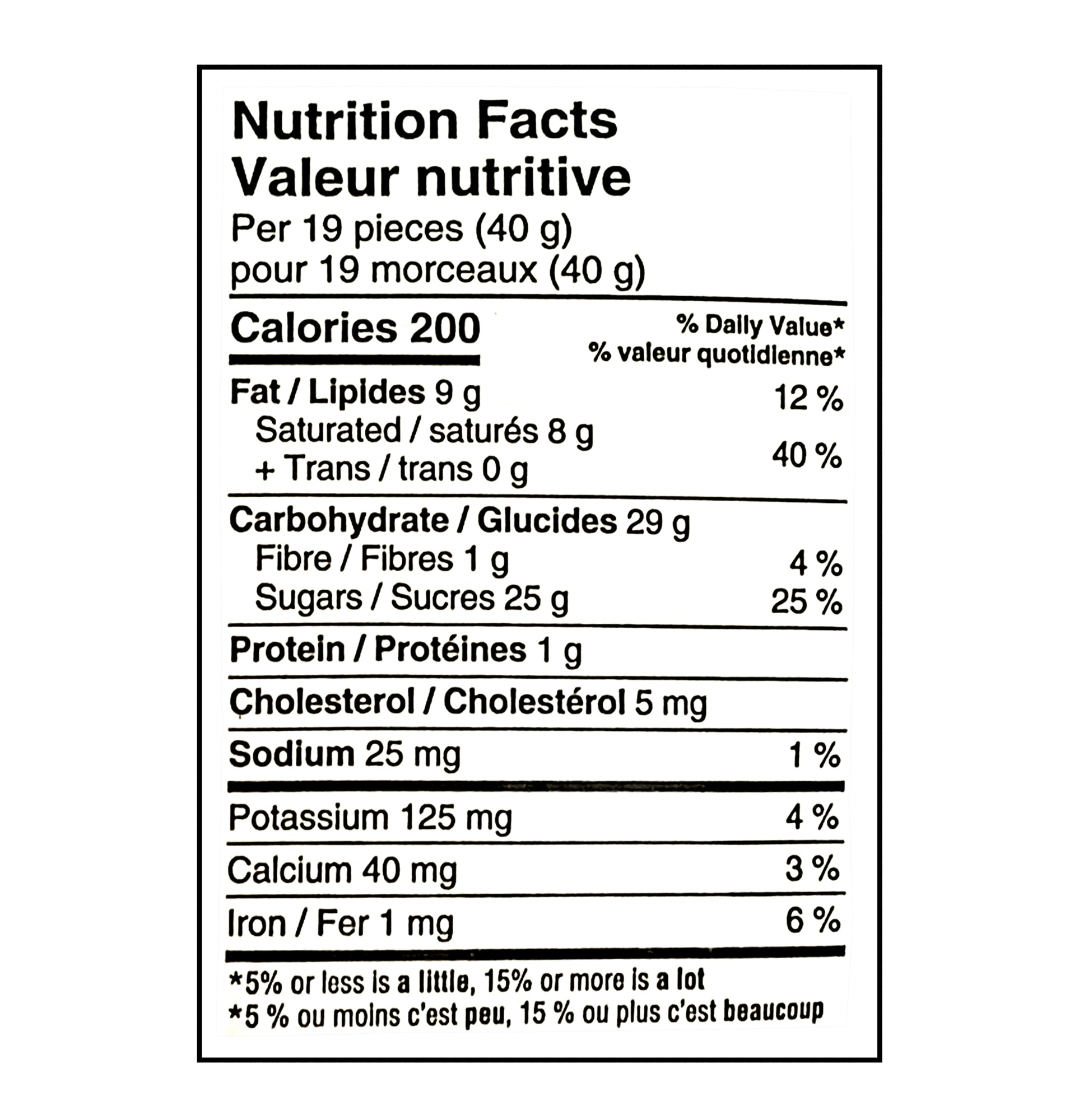 Nutrition facts label for Compliments Choco Drops Candy 110g with detailed calorie and nutrient information.