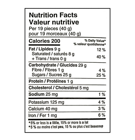 Nutrition facts label for Compliments Choco Drops Candy 110g with detailed calorie and nutrient information.