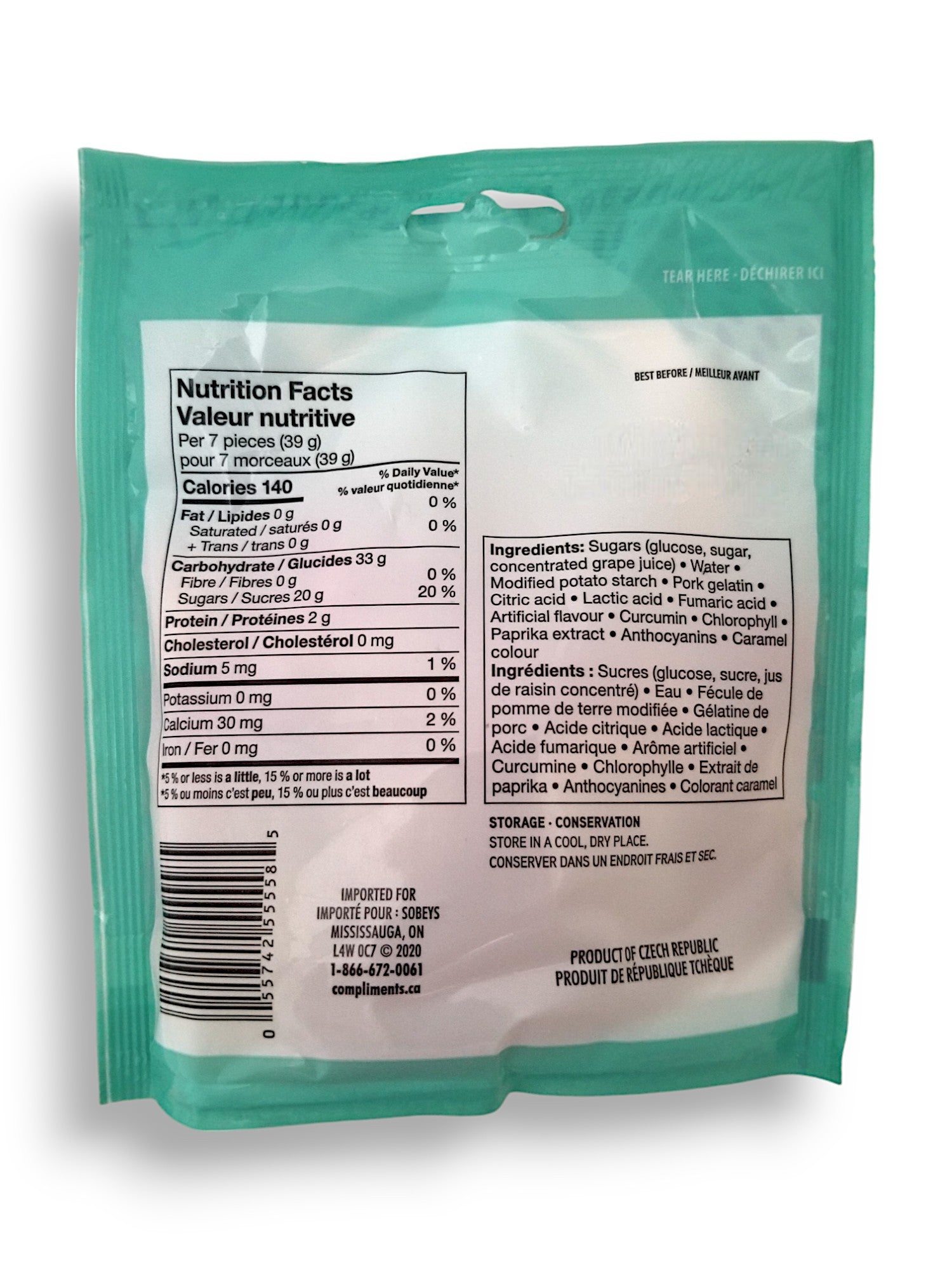 Compliments Sour Chews Candy, 125g/4.4 oz. Bag, back of bag.