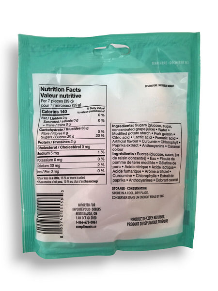 Compliments Sour Chews Candy, 125g/4.4 oz. Bag, back of bag.