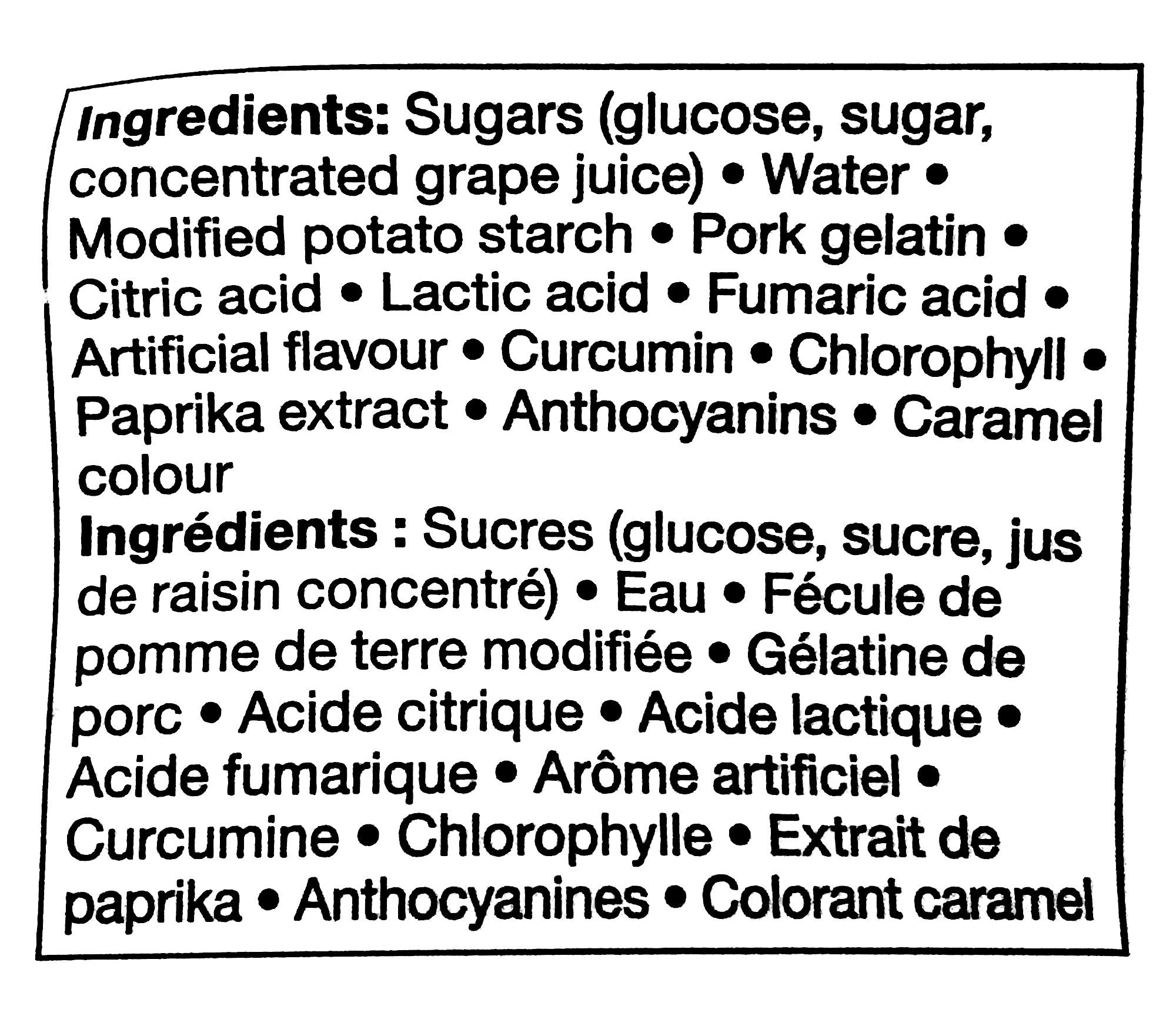 Compliments Sour Chews Candy, 125g/4.4 oz. Bag, ingredients label.
