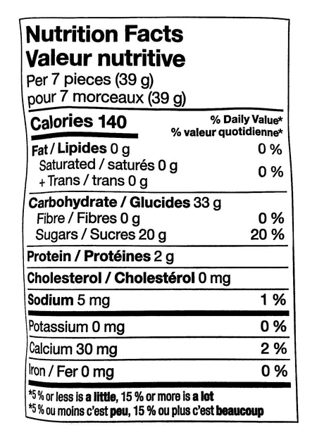 Compliments Sour Chews Candy, 125g/4.4 oz. Bag, nutrition facts label.