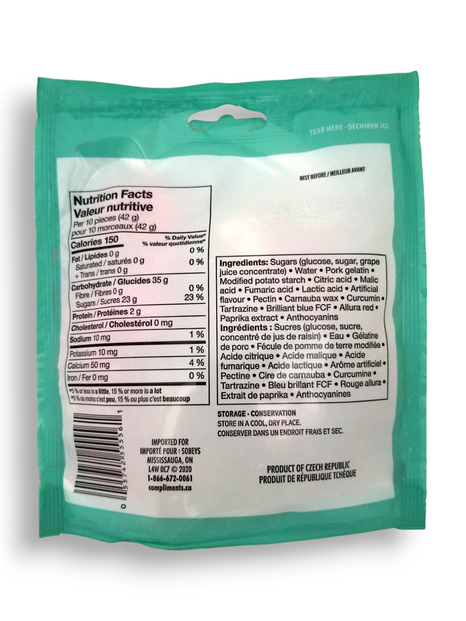 Compliments Sour Gummy Treats Candy, 125g/4.4 oz. Bag, back of bag.