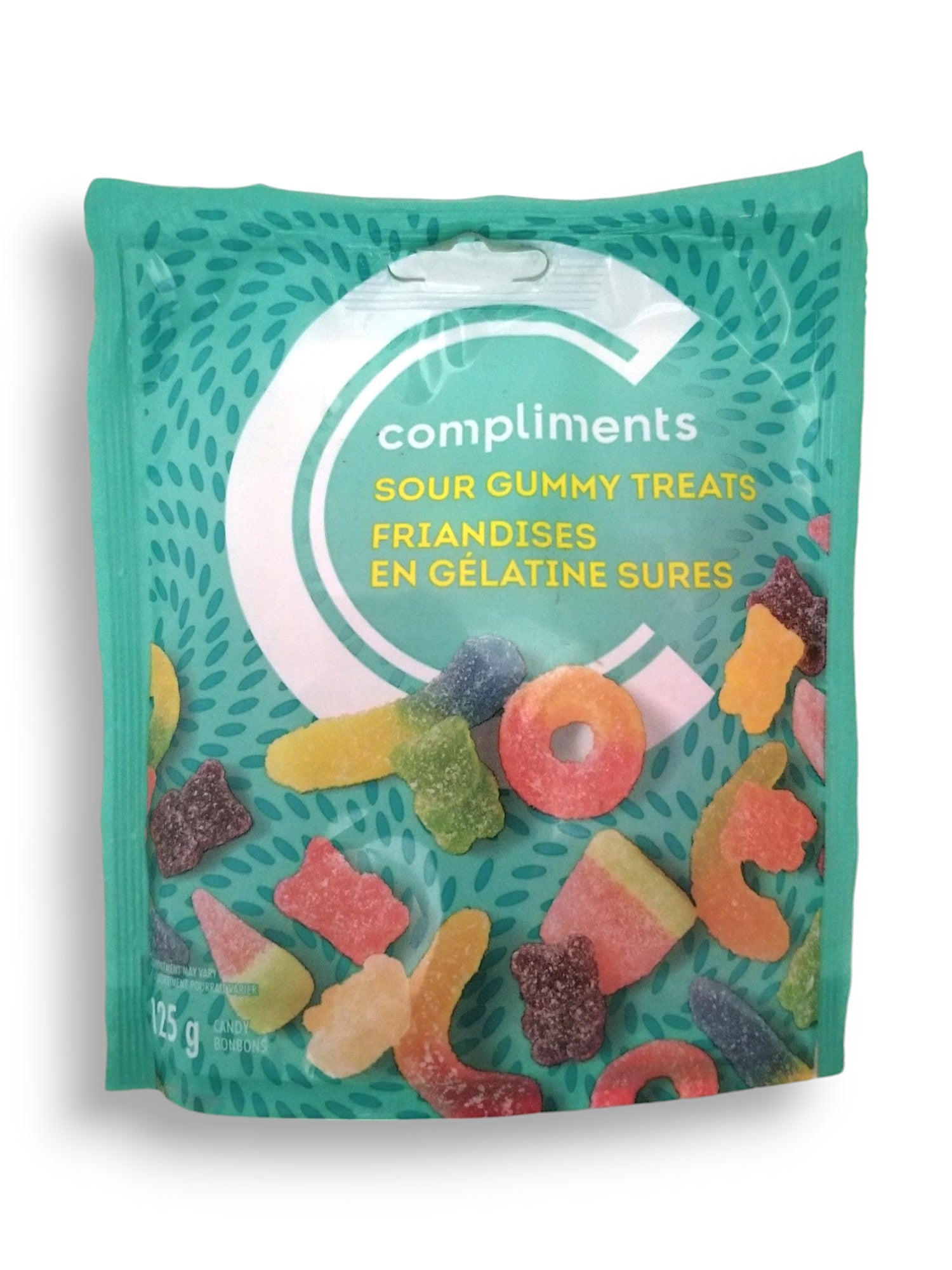 Compliments Sour Gummy Treats Candy, 125g/4.4 oz. Bag, front of bag.