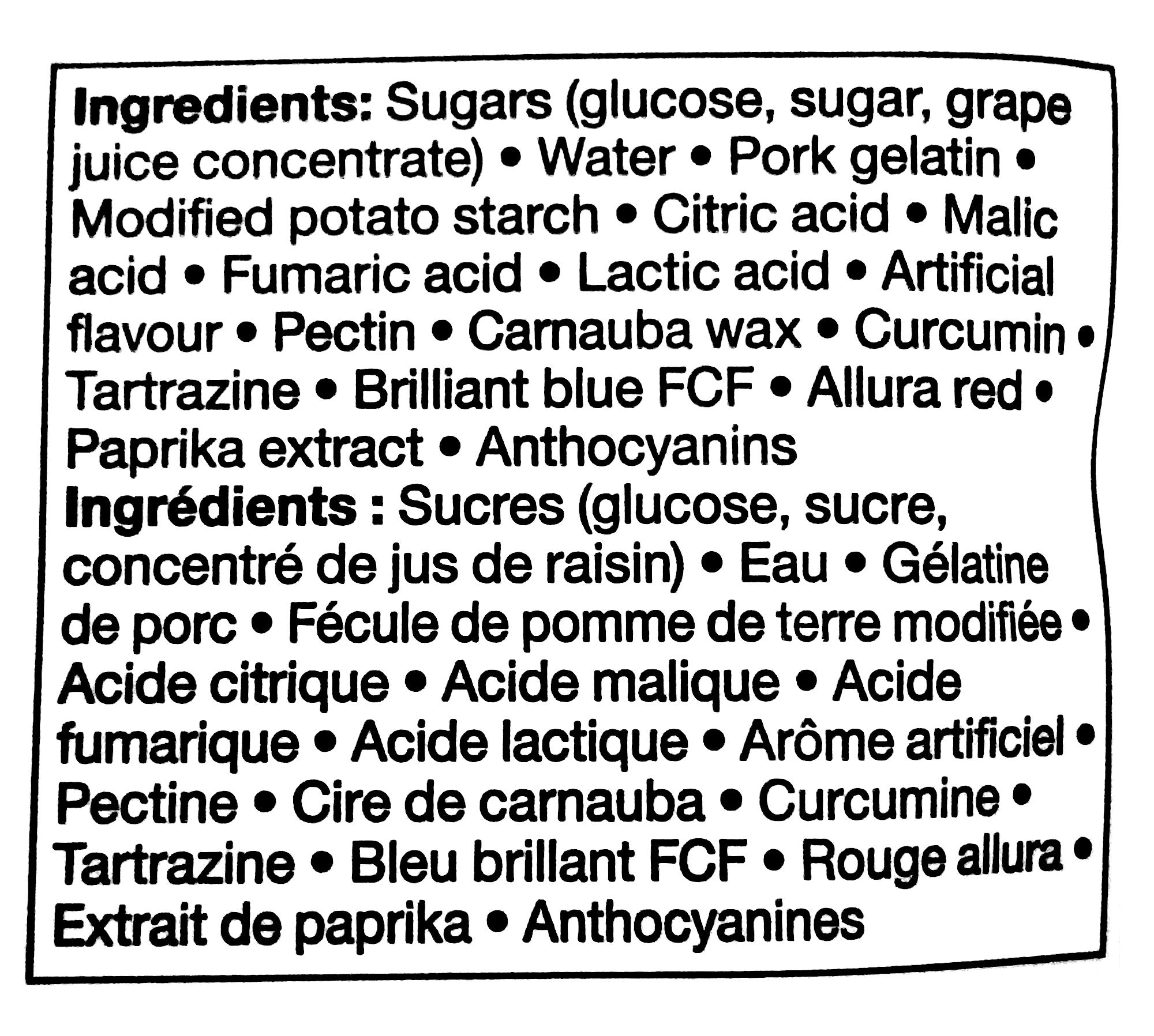 Compliments Sour Gummy Treats Candy, 125g/4.4 oz. Bag, ingredients label.