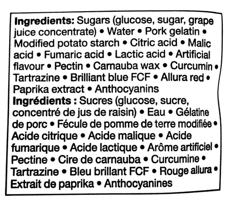 Compliments Sour Gummy Treats Candy, 125g/4.4 oz. Bag, ingredients label.