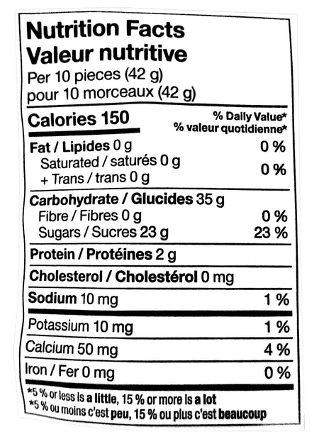 Compliments Sour Gummy Treats Candy, 125g/4.4 oz. Bag, nutrition label.