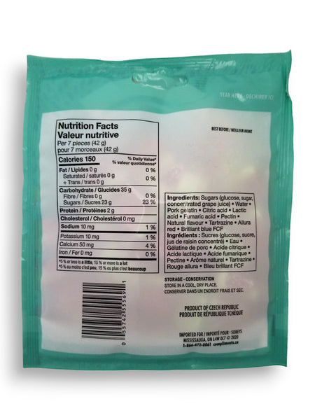 Compliments Sour Watermelon Gummies Candy, 125g/4.4 oz. Bag, back of bag.