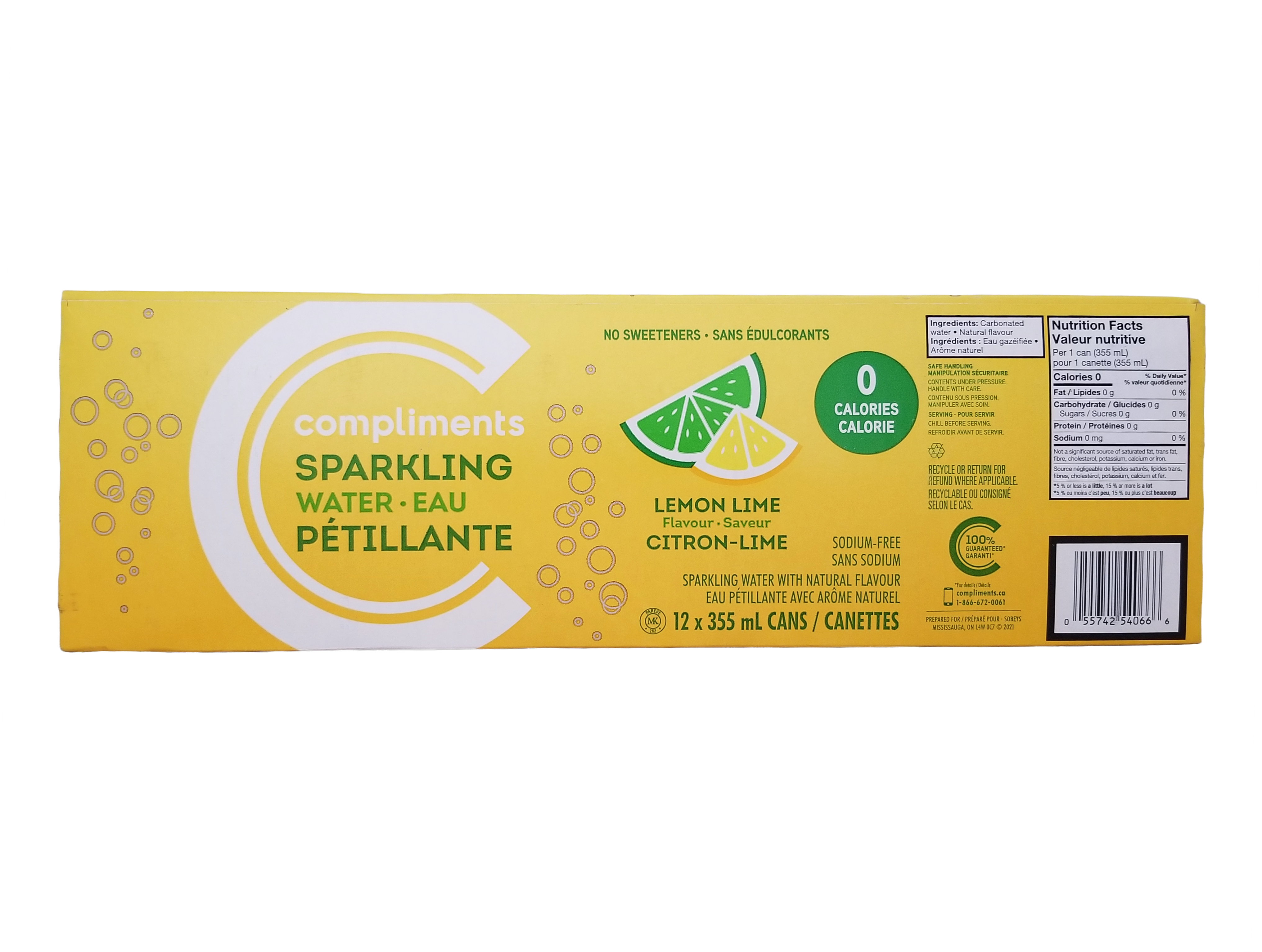 Pack of Compliments Sparkling Water, Lemon Lime Flavor, 12x355ml/12.5 fl oz on a white background