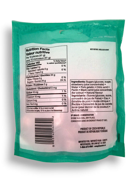 Compliments Strawberry Puffs Candy, 125g/4.4 oz. Bag, back of bag.