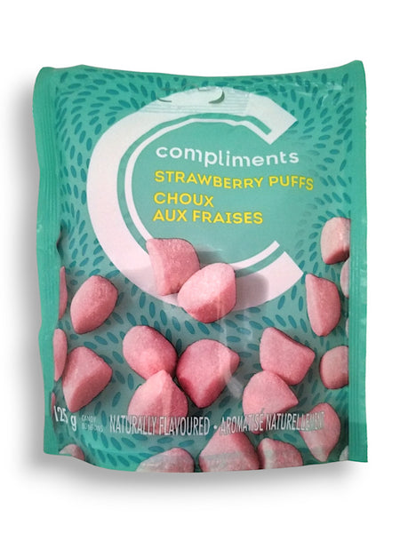 Compliments Strawberry Puffs Candy, 125g/4.4 oz. Bag, front of bag.