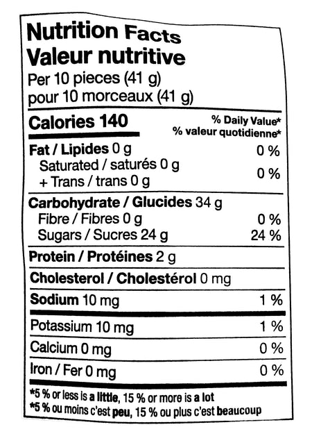 Compliments Strawberry Puffs Candy, 125g/4.4 oz. Bag, nutrition facts label.