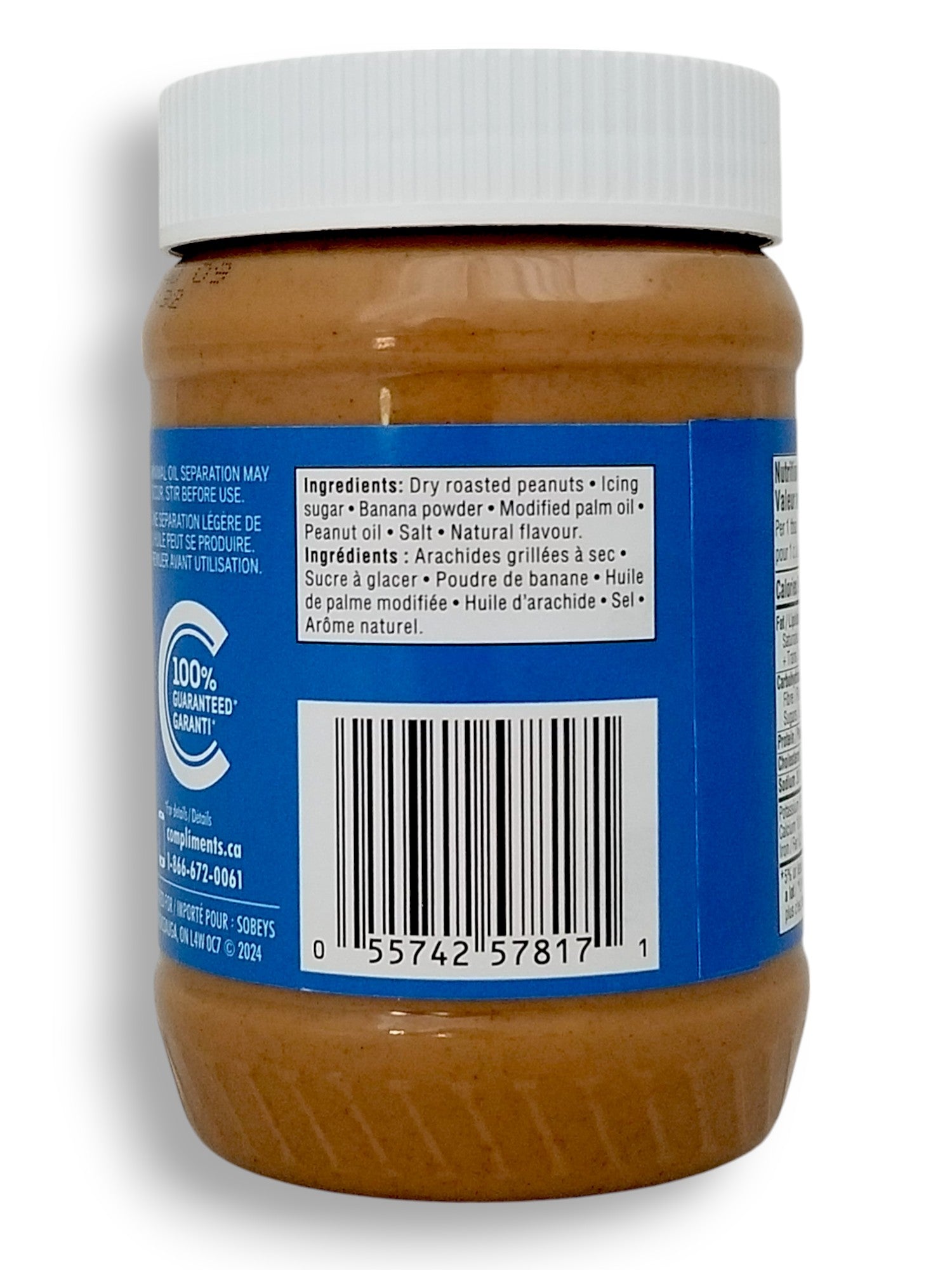 Compliments Banana Peanut Butter Spread, 500g/17.6oz - Back Of Jar