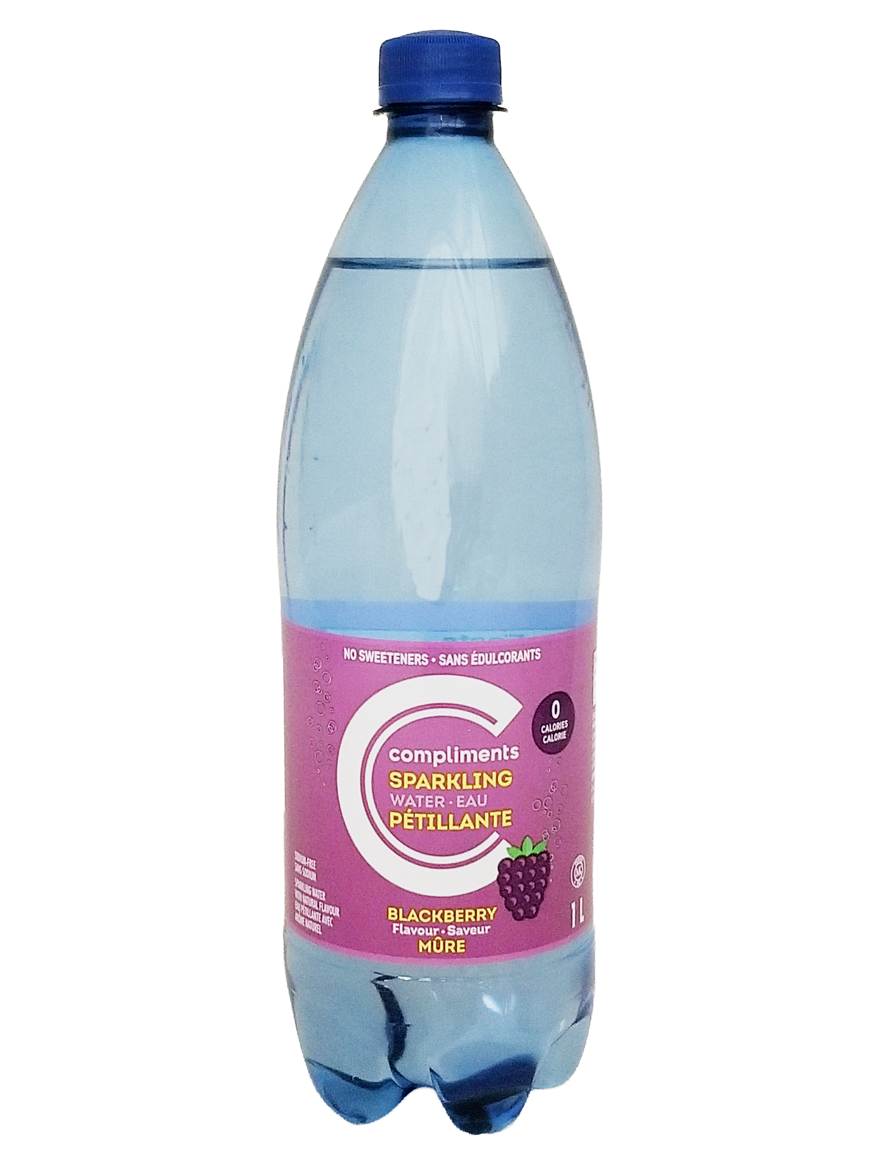 Bottle of Compliments Blackberry Flavored Sparkling Water, 1L/35.2 fl oz on a white background
