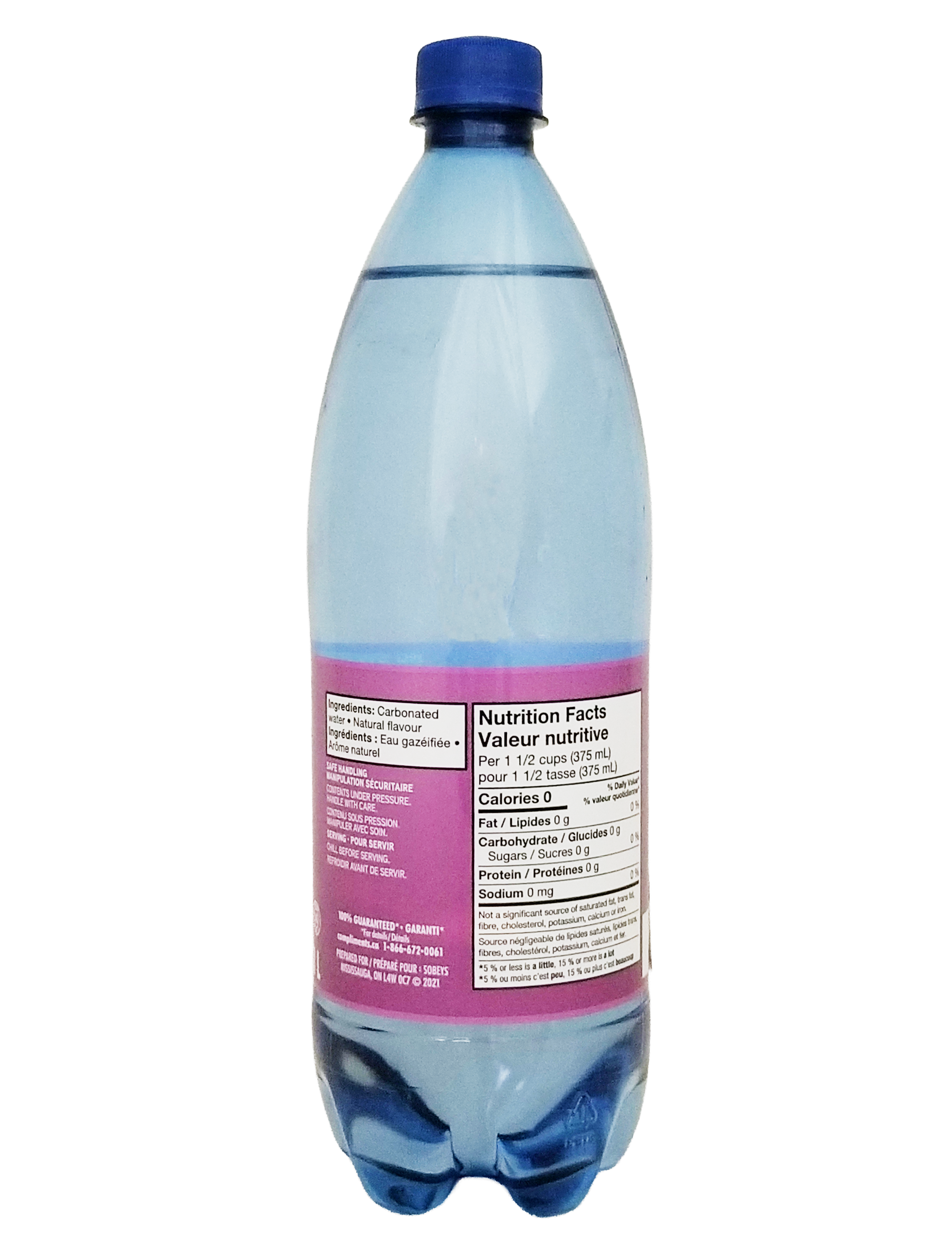 Bottle of Compliments Blackberry Flavored Sparkling Water, 1L/35.2 fl oz with a nutrition facts label on a white background