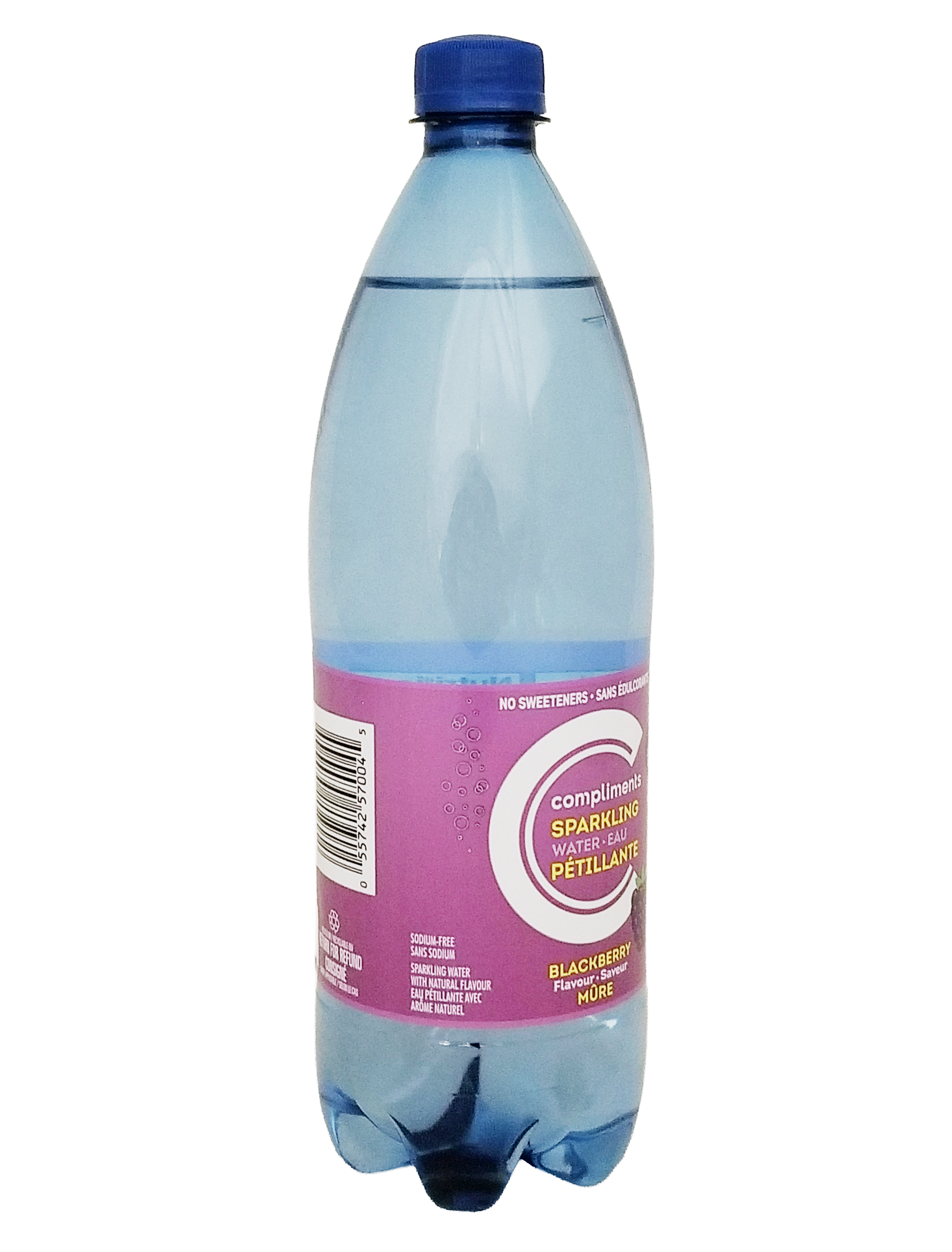 Bottle of Compliments Blackberry Flavored Sparkling Water, 1L/35.2 fl oz with a purple label on a white background