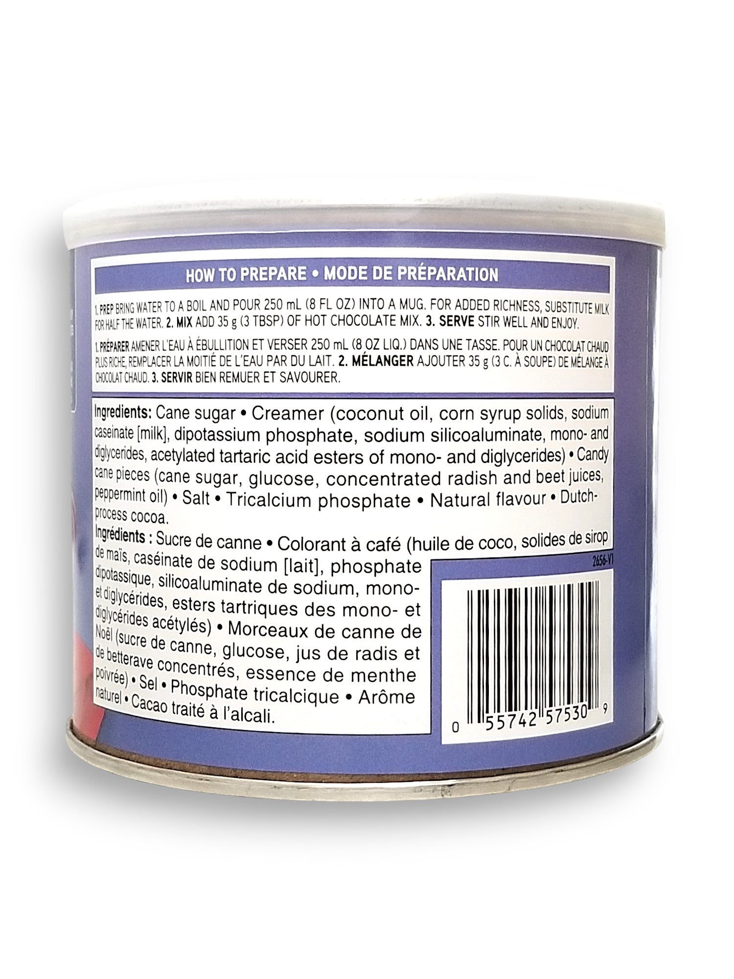 Back of Compliments Candy Cane White Hot Chocolate Mix, 350g/12.3 oz., Tin