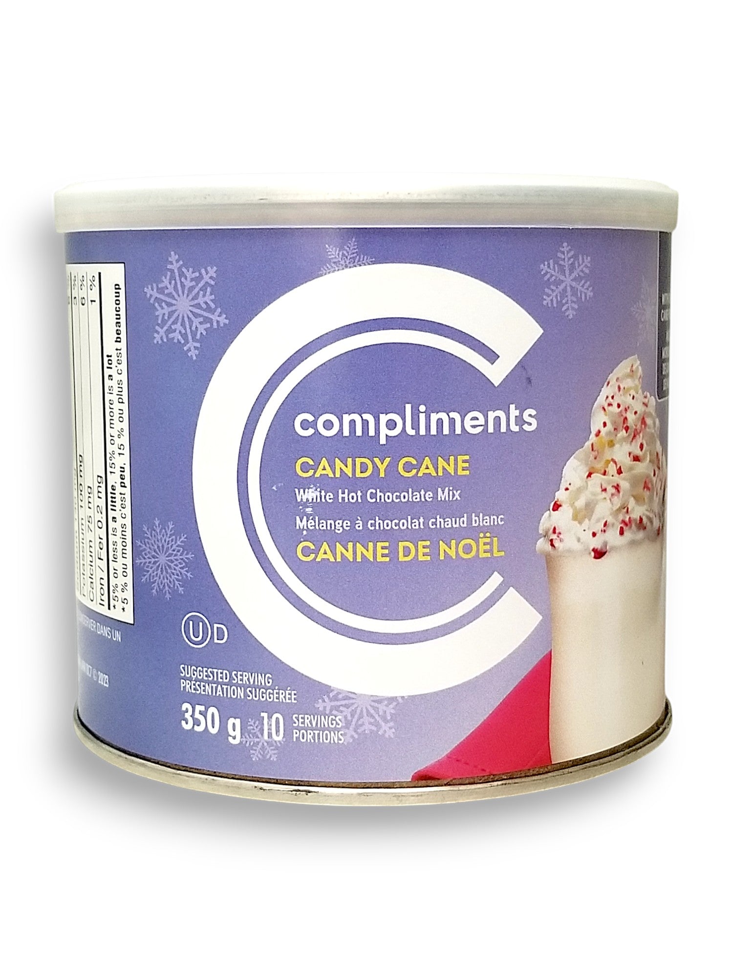 Front of Compliments Candy Cane White Hot Chocolate Mix, 350g/12.3 oz., Tin